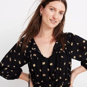 NEW NWT Madewell | Black Floral Long Sleeve Mini Daisy Print Dress | Size Small